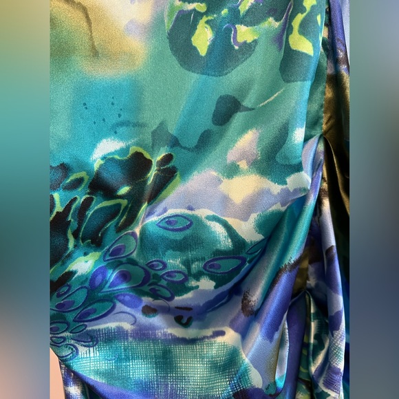 Xscape by Joanna Chen Rare Blue Green Watercolor Peacock Padded Ruched Dress 8 - Picture 5 of 7
